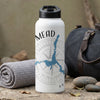 White water bottle with black lid, Mead text, compass, and lake map design.