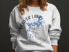 White sweatshirt with Beaver Lake Arkansas map and compass graphic.