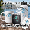 Lake Lodge Media collection with personalized mugs, tumblers, and water bottle.