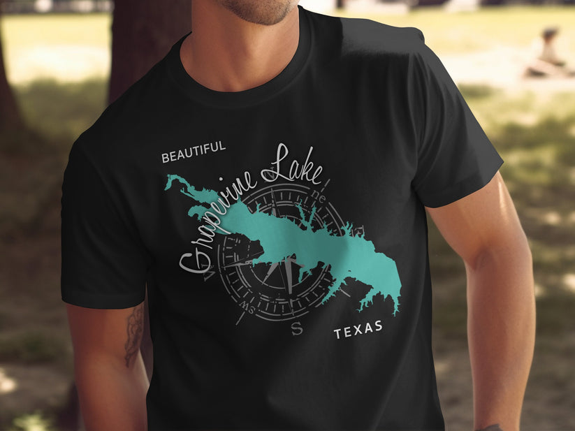 Black t-shirt with a teal map of Grapevine Lake and compass rose.