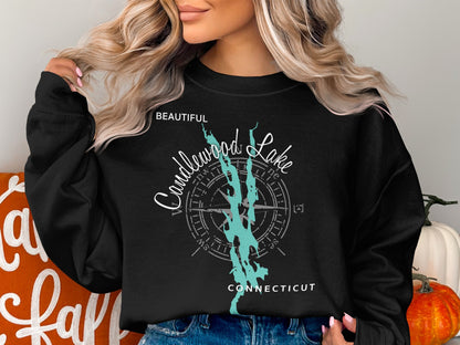 Black sweatshirt with "Beautiful Candlewood Lake Connecticut" text and compass rose graphic.