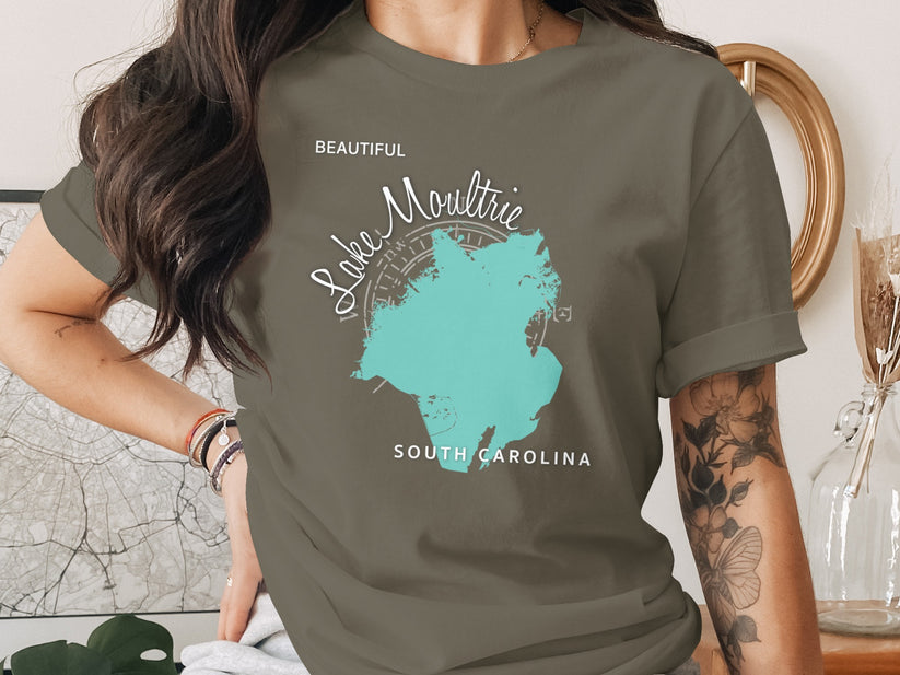 Olive green t-shirt with teal outline map of Lake Moultrie, South Carolina.