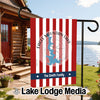 Eagle Mountain Lake Texas garden flag with red and white stripes and custom text.
