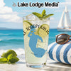 Glass with "Lake Tohopekalig" and Florida map on beach background.