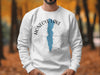 White sweatshirt with Honeoye Lake shape, compass, and text "New York."