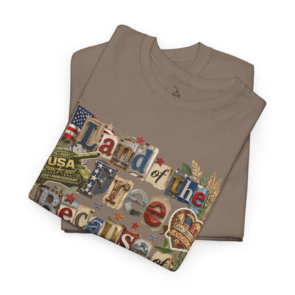 USA 250th Anniversary Land of the Free Because of the Brave T-Shirt | Patriotic Fourth of July Scrapbook Collage Design
