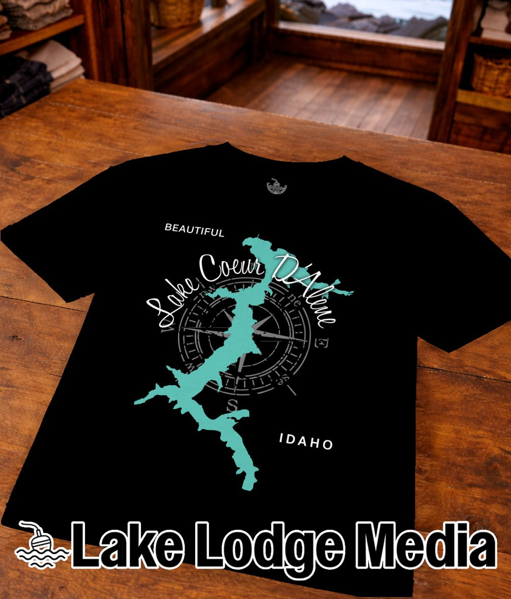 Black t-shirt with turquoise map of Lake Coeur d'Alene, Idaho and compass rose.