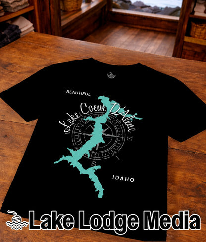 Black t-shirt with turquoise map of Lake Coeur d'Alene, Idaho and compass rose.