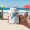 White can cooler with blue American Lake, Washington map and compass design held on a beach.