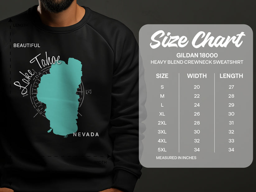 Gildan 18000 sweatshirt size chart with Lake Tahoe map graphic.