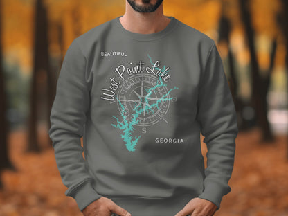 Gray sweatshirt with a compass and map of West Point Lake, Georgia.