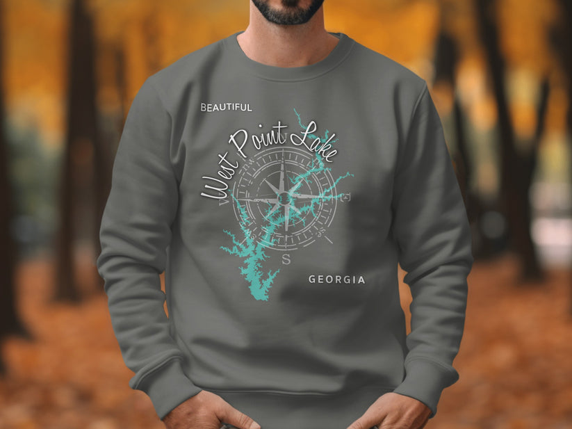 Gray sweatshirt with a compass and map of West Point Lake, Georgia.