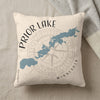 Cream pillow with blue Prior Lake map and compass design, "MINNESOTA" text.