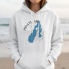 White hoodie with Payette Lake Idaho map and compass design.