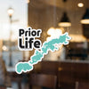 "Prior Life" text over a turquoise lake shape sticker with copyright info.