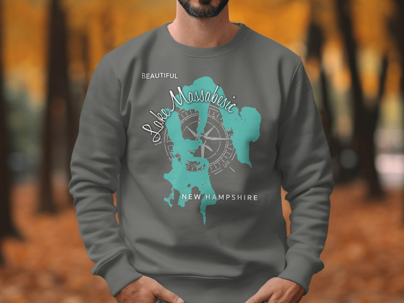 Grey sweatshirt with "Beautiful Lake Massabesic New Hampshire" text and compass.