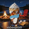 Iced coffee with whipped cream in a glass with "Lake America" text at a campsite.