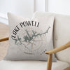 Pillow with "Lake Powell Utah" text and compass rose featuring a map of the lake.