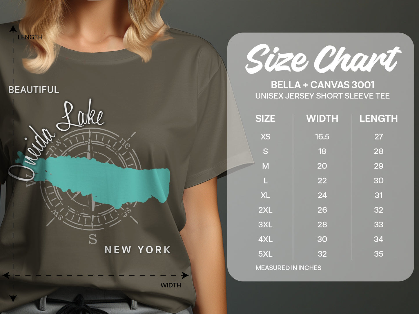 Oneida Lake, New York t-shirt with size chart for Bella + Canvas 3001 tee.
