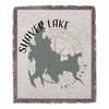 Woven blanket with Shaver Lake California map, compass rose, and fringed edges.
