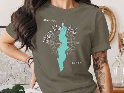 T-shirt featuring White Rock Lake Texas map with compass rose graphic.