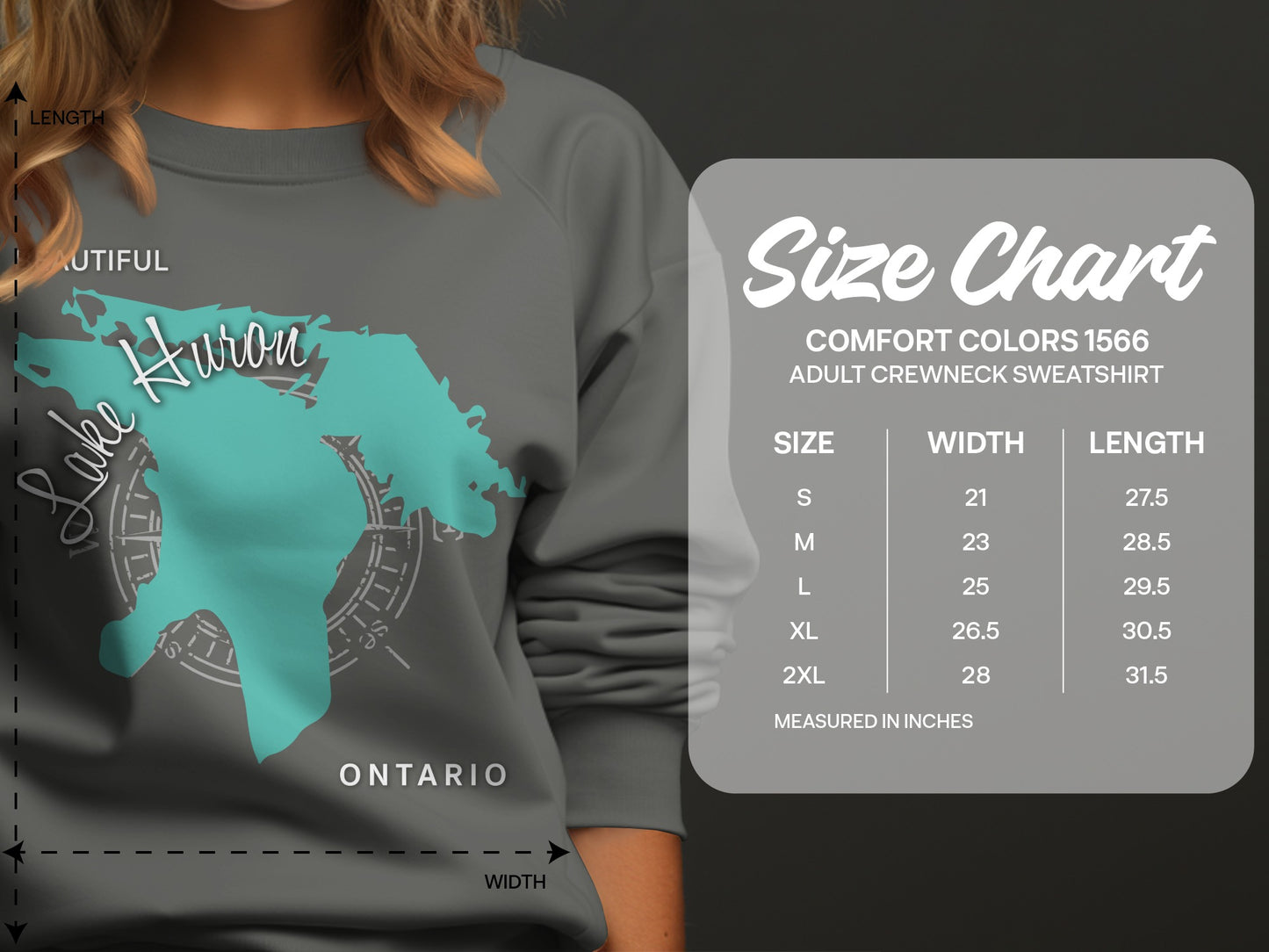 Size chart for Comfort Colors 1566 adult crewneck sweatshirt, measured in inches.