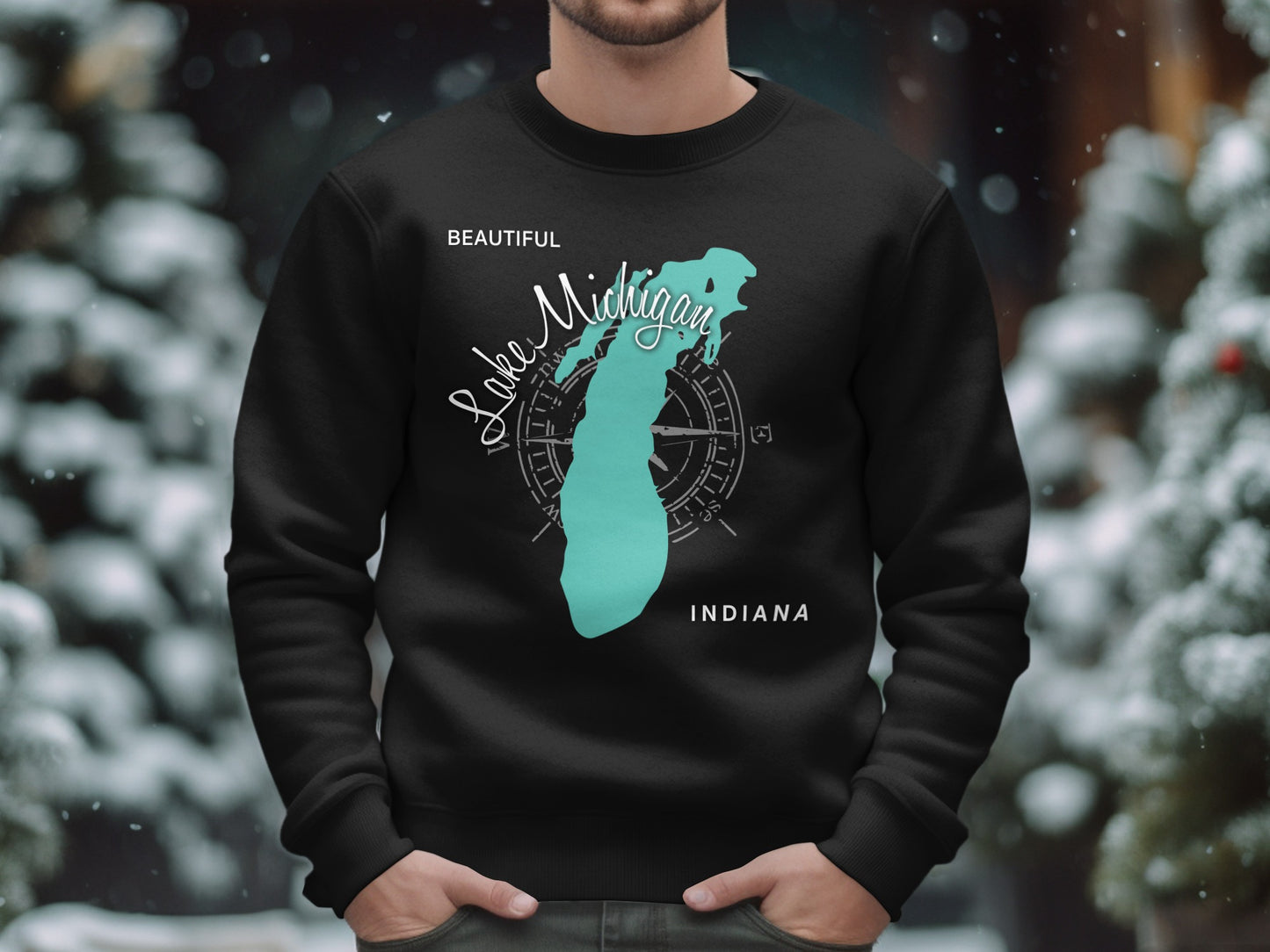 Black sweatshirt with Lake Michigan and Indiana map graphic.