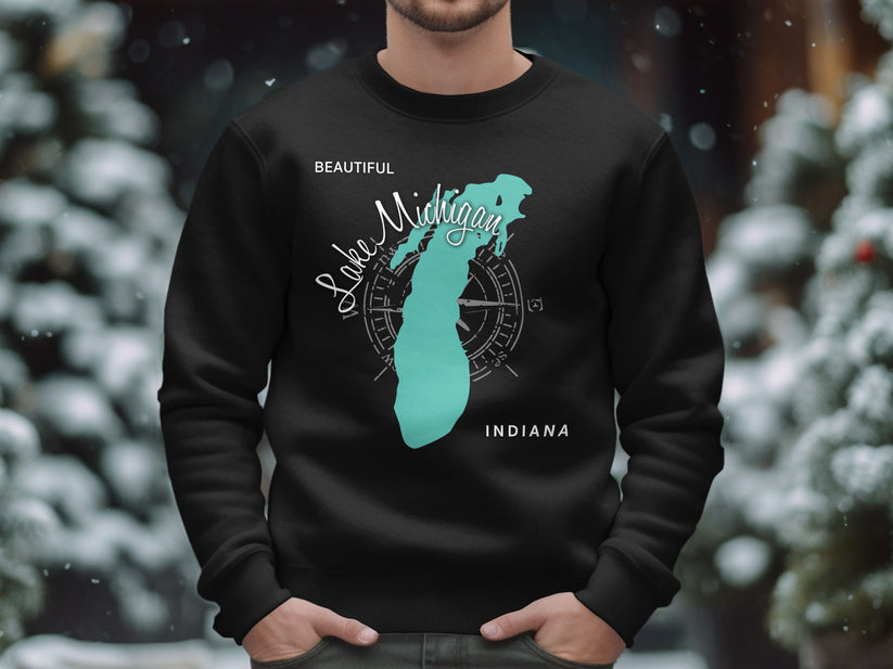 Black sweatshirt with Lake Michigan and Indiana map graphic.