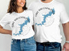 White t-shirts with Lake Wallenpaupack map and compass design.