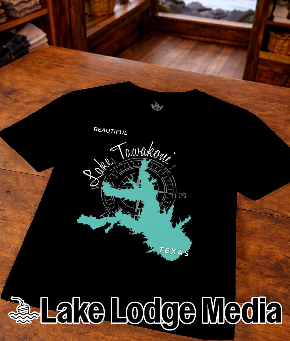 Black t-shirt with "Lake Tawakoni Texas" map graphic and compass rose.