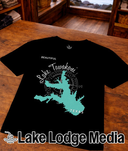 Black t-shirt with "Lake Tawakoni Texas" map graphic and compass rose.
