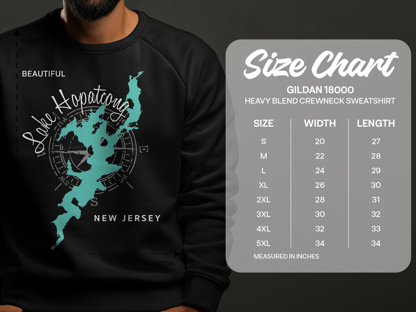 Black sweatshirt with Lake Hopatcong, New Jersey map graphic and size chart.
