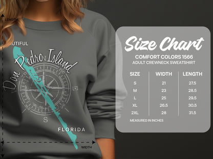 Comfort Colors 1566 adult crewneck sweatshirt size chart with measurements.