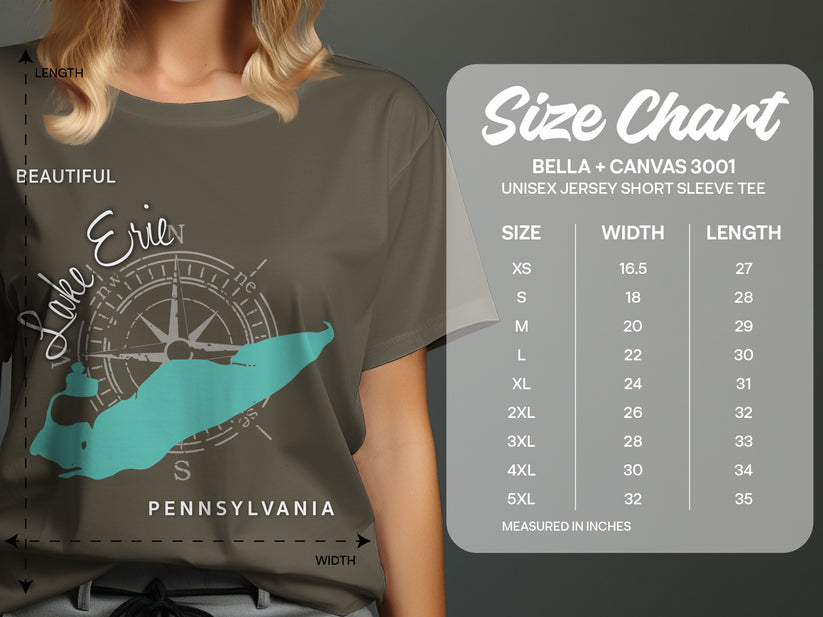 T-shirt size chart with compass graphic for Lake Erie, Pennsylvania.