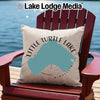Light beige pillow with Little Turtle Lake, Minnesota map and compass design.