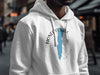 White hoodie with blue Honeoye Lake map graphic and compass.