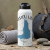 White water bottle with blue lake outline and compass rose graphic.