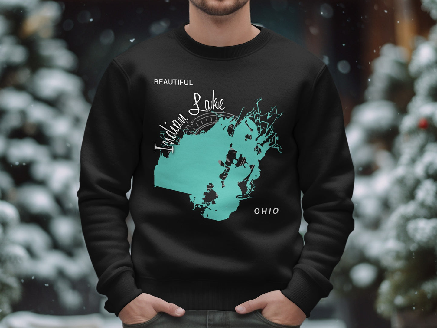 Black sweatshirt with teal map of Indian Lake, Ohio printed on chest.