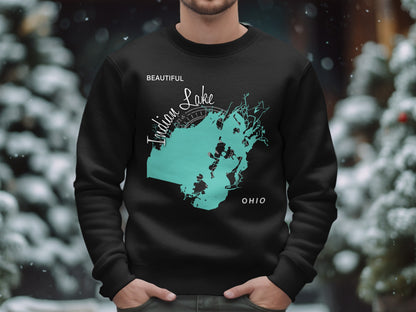 Black sweatshirt with teal map of Indian Lake, Ohio printed on chest.
