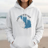 White hoodie with Lake Lawtonka Oklahoma map and compass graphic.