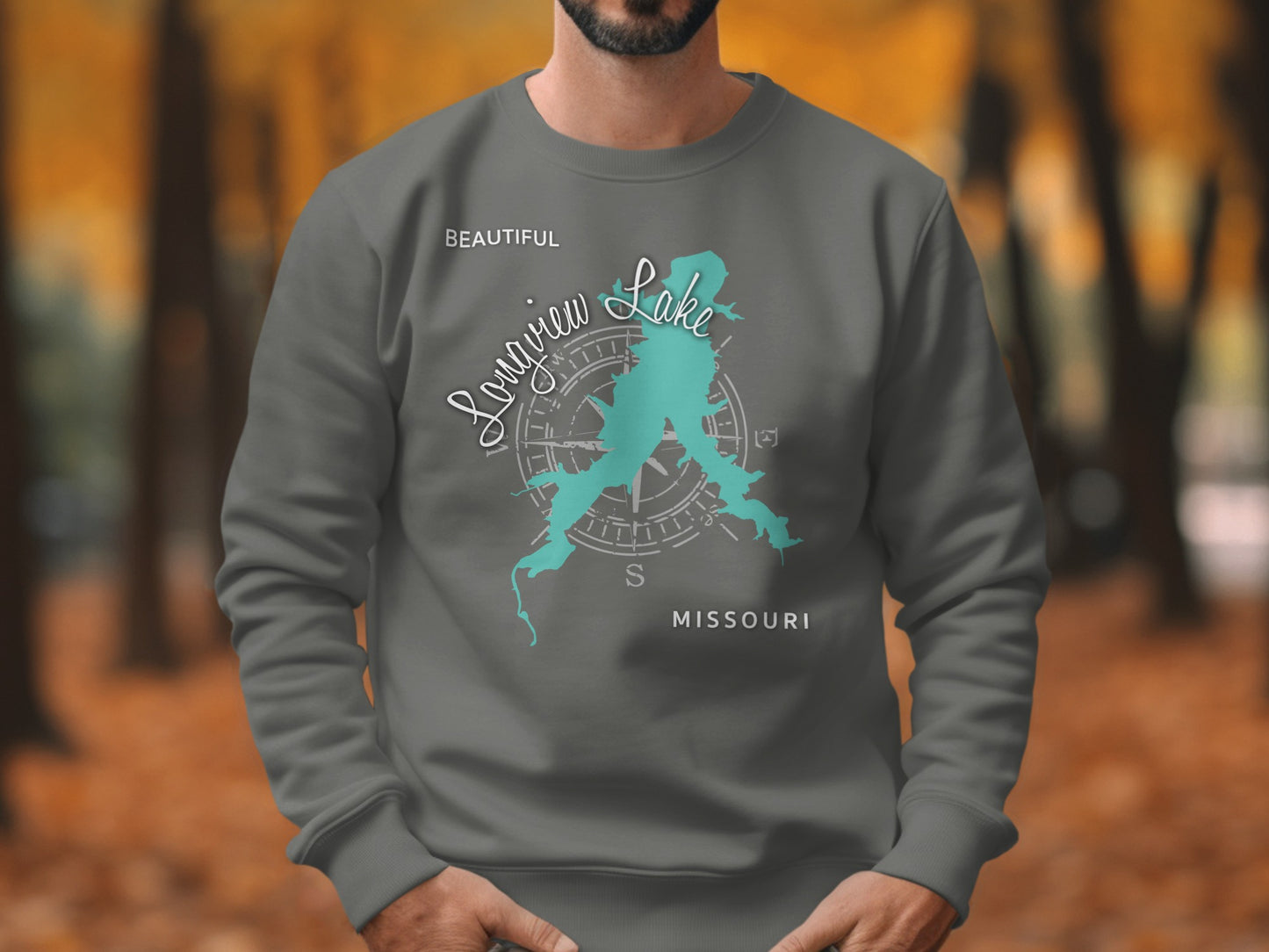 Gray sweatshirt featuring a teal map of Longview Lake, Missouri.