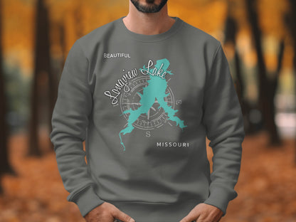 Gray sweatshirt featuring a teal map of Longview Lake, Missouri.