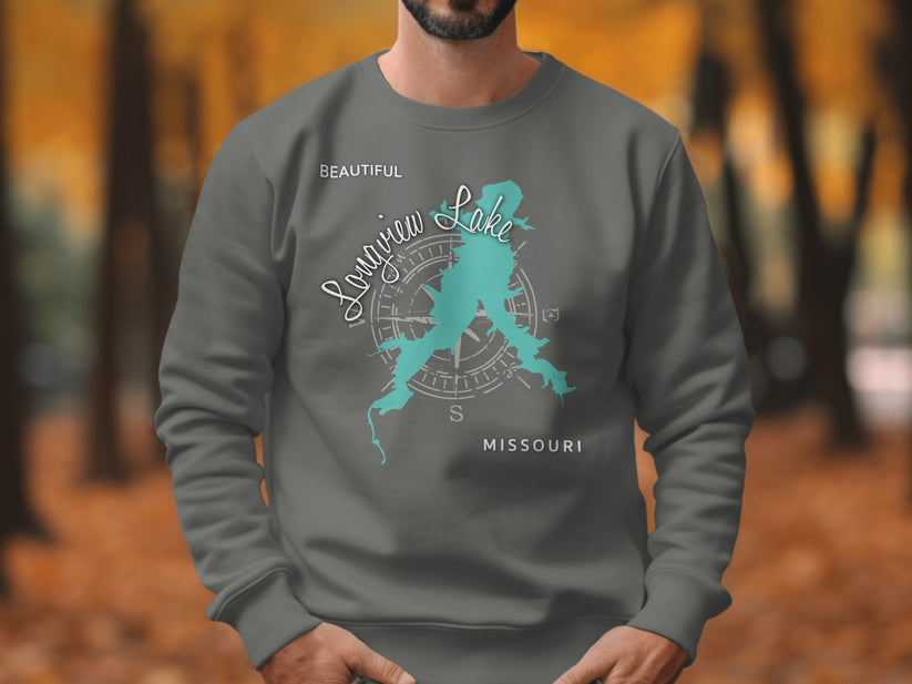 Gray sweatshirt featuring a teal map of Longview Lake, Missouri.
