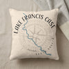 Pillow with "Lake Francis Case South Dakota" text and a compass rose map graphic.