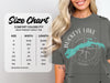 Size chart for Comfort Colors 1717 heavyweight adult tee with width and length measurements.