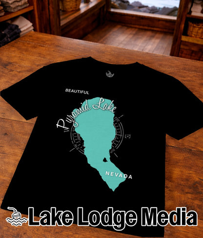 Black t-shirt featuring a teal map outline of Pyramid Lake, Nevada.