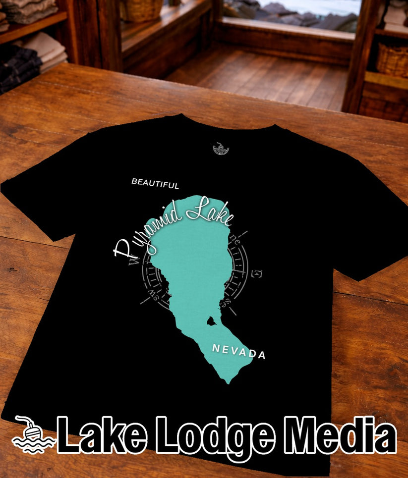Black t-shirt featuring a teal map outline of Pyramid Lake, Nevada.