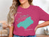Pink t-shirt with turquoise map of Lake Quinault, Washington and compass rose.