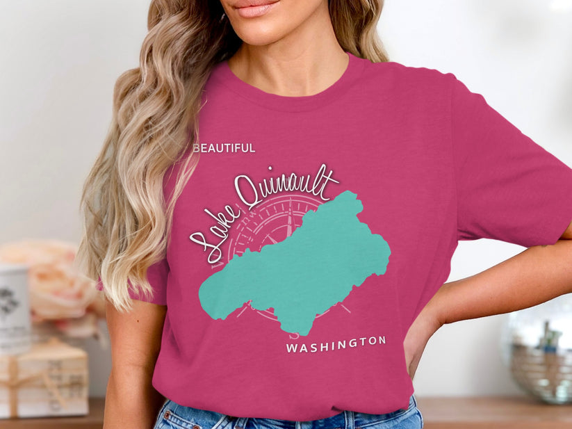 Pink t-shirt with turquoise map of Lake Quinault, Washington and compass rose.