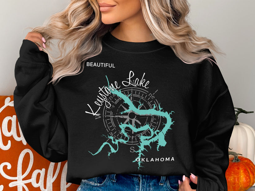 Black sweatshirt with a compass rose and map of Keystone Lake, Oklahoma.